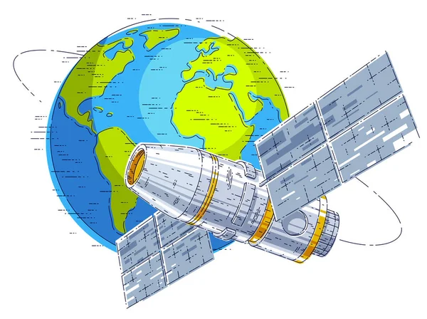 宇宙ステーション地球の周りの軌道宇宙飛行 宇宙船は太陽電池パネル 人工衛星でミスを飛んでいます 細い線3Dベクトル図 — ストックベクタ