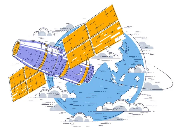 空间站环绕地球飞行的轨道空间飞行 宇宙飞船与太阳能电池板 人造卫星一起出毛病 细线3D矢量图解 — 图库矢量图片