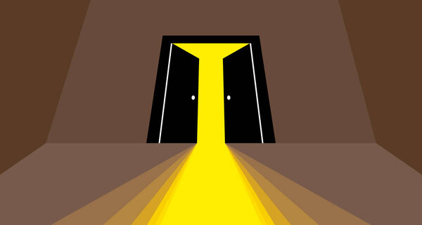 Half open secret door new opportunities concept vector illustration, fear of the unknown, step inside the light from the dark, what is behind, what is there.