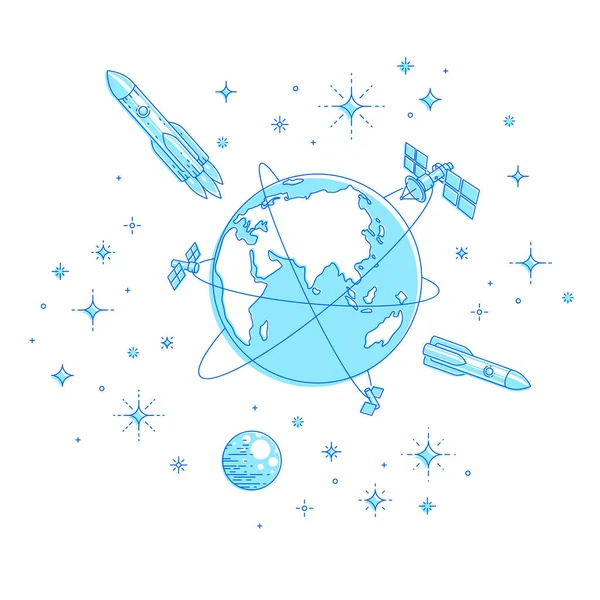 Земля Космосе Наша Планета Огромном Космосе Окруженная Искусственными Спутниками Ракетами — стоковый вектор