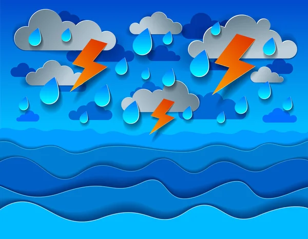 Gewitter Mit Blitz Über Dem Meer Mit Geschwungenen Wellen Regnerisches — Stockvektor