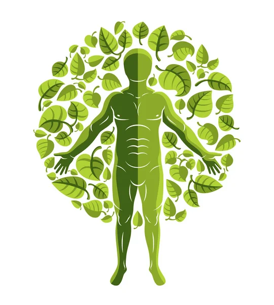 Vector Illustration Human Athlete Surrounded Eco Green Leaves Environmental Conservation — Stock Vector