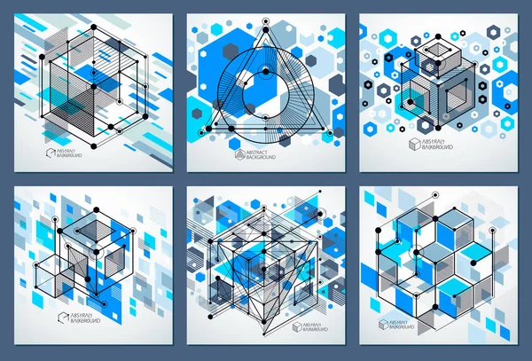 Geometrik Teknoloji Vektör Mavi Çizimler Seti Boyutlu Teknik Duvar Kağıdı — Stok Vektör