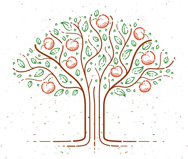 Belle Pomme Arbre Fruitier Vecteur Dessin Style Linéaire Logo Icône — Image vectorielle