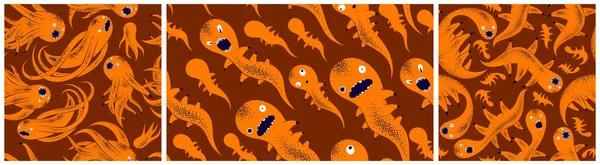 Scary Horror Monsters Seamless Vector Textile Pattern Set Beasts Creatures — Stock Vector