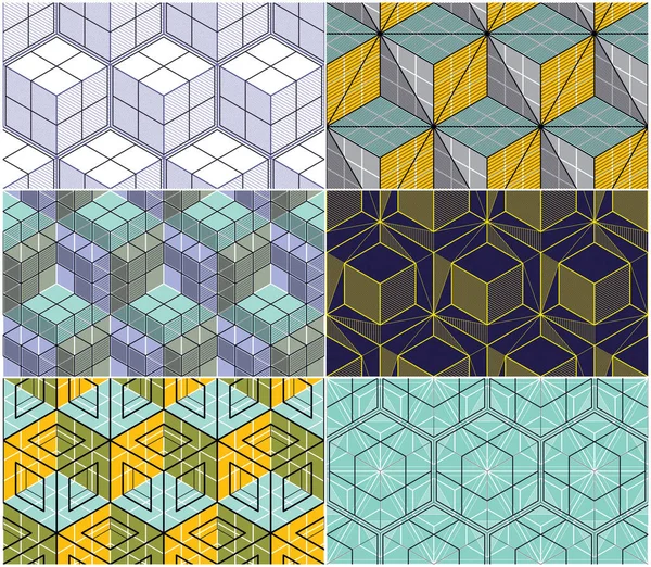 几何线条抽象无缝模式集 3D矢量背景立方体集合 技术风格的工程线条画了无尽的五彩斑斓的图解 可用于织物 包装材料 — 图库矢量图片