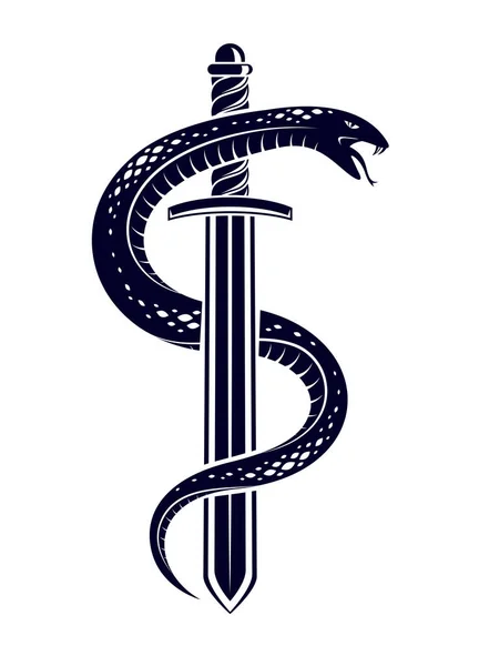 Serpente Adaga Serpente Envolve Torno Uma Tatuagem Vintage Vetor Espada — Vetor de Stock