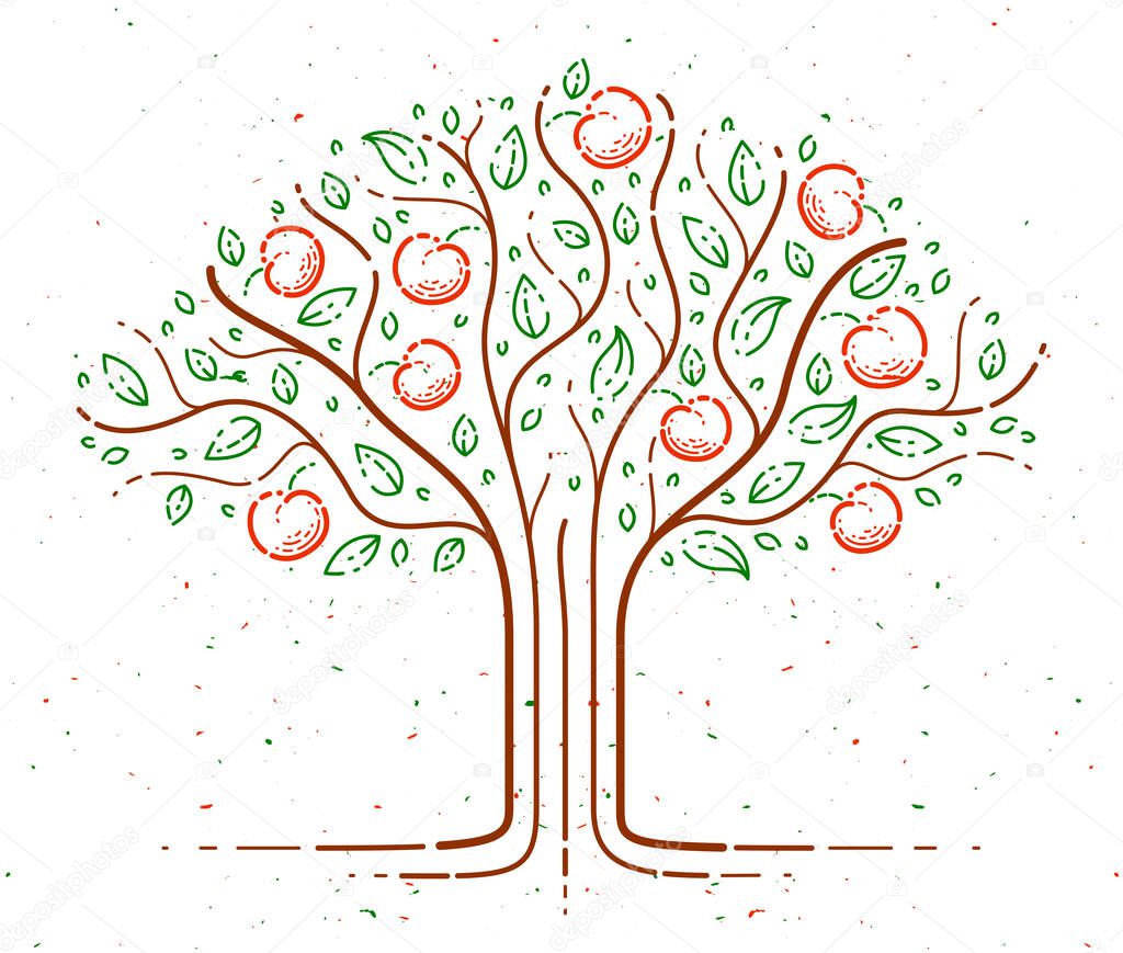 Beautiful apple fruit tree vector linear style drawing logo or icon, perfect drawing.