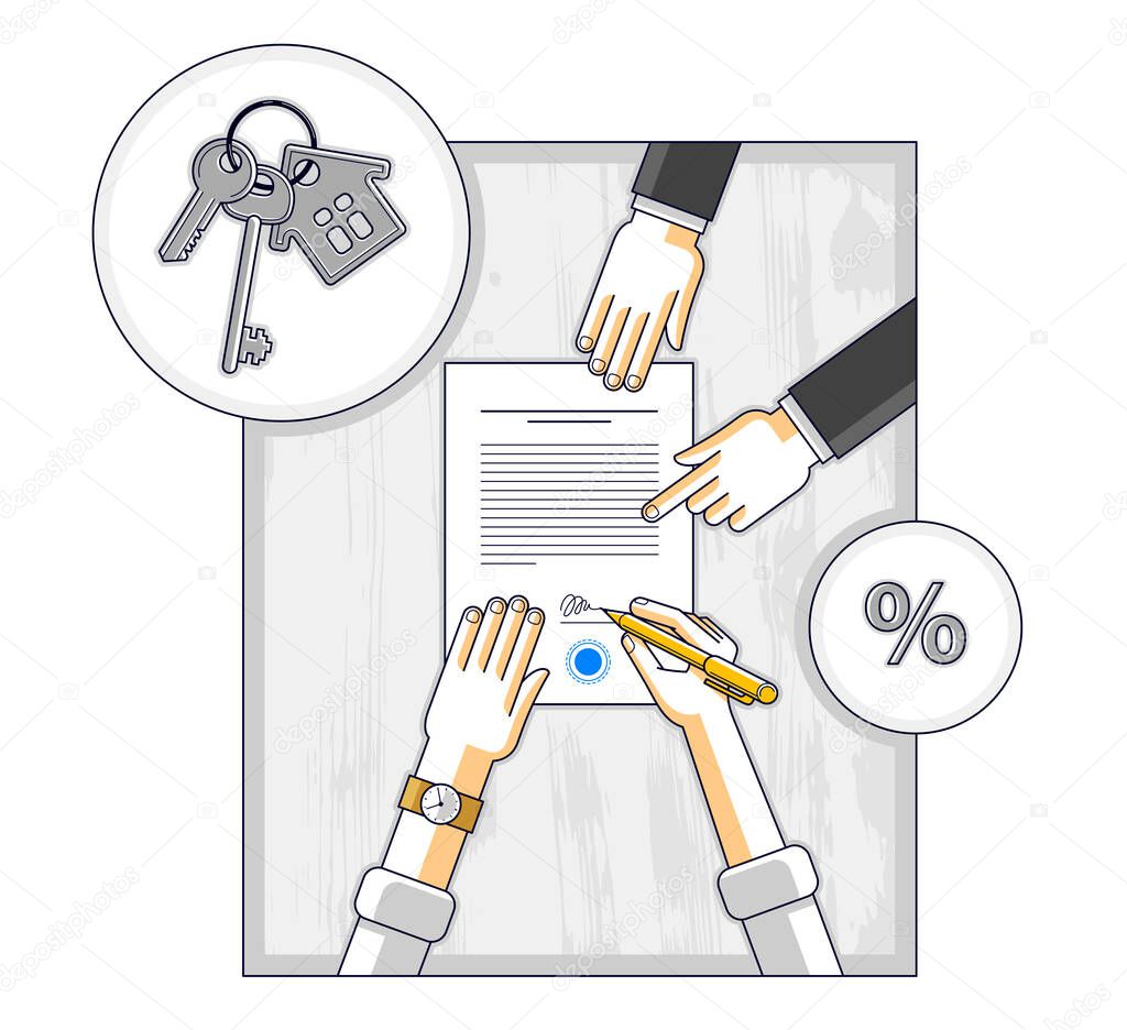 Man signs bank mortgage hypothec for real property house buying and employee explains terms of loan credit, top view of desk with people hands and paper documents. Vector illustration.