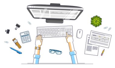 Ofis masası çalışma alanı üst görünümü ofis çalışanı veya girişimci elleri, bilgisayar ve iş için çeşitli kırtasiye eşyaları ile. Tüm elementleri ayrı ayrı kullanmak kolaydır. Vektör illüstrasyonu.