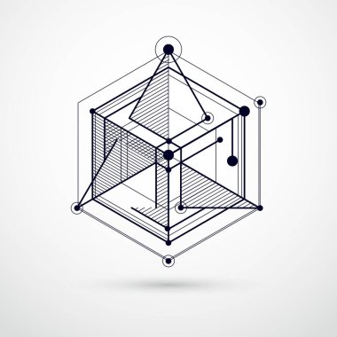 Teknik plan, geometrik tasarım elementleri ve küpleri olan siyah beyaz vektör dijital arkaplan. Bal peteklerinden yapılmış mühendislik teknolojisi duvar kağıdı..