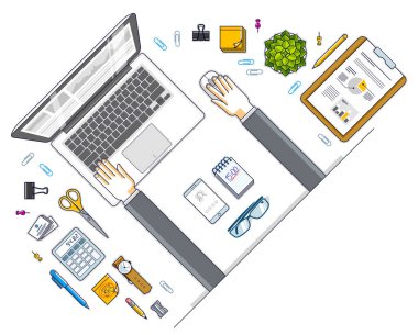 Çalışma masası çalışma masası üst görünümü ofis çalışanı veya girişimci elleri, bilgisayar defteri ve masanın üzerinde bir sürü farklı kırtasiye eşyası. Tüm elementleri ayrı ayrı kullanmak kolaydır. Vektör.