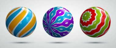 Soyut vektör gerçekçi küreler seti, desenlerle süslenmiş güzel festival topları koleksiyonu, grafik tasarım elementleri.