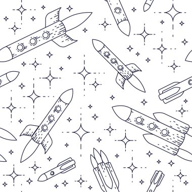 Roketleri ve yıldızları olan kusursuz uzay arkaplanı, çocuklar için muhteşem ve nefes kesici tekstil kumaşı, sonsuz döşeme deseni, vektör çizim motifi.