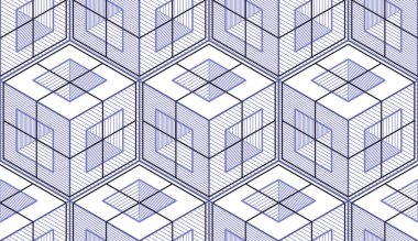 Geometrik küpler soyut dikişsiz desen, üç boyutlu vektör arkaplan. Teknoloji stili mühendislik çizgisi sonsuz çizimler yapıyor. Tek renk, siyah ve beyaz. Kumaş, duvar kağıdı, ambalaj, ağ ve baskı için kullanılabilir.