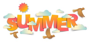 Kuşların güneş ve bulutların oluşturduğu kâğıt kesim sözcüğü modern tarz karikatür kağıdı 3D illüstrasyon kesiyor..