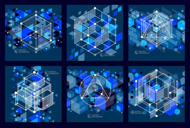 Modern izometrik vektör soyut koyu mavi arkaplan ve geometrik element. Küpler, altıgenler, kareler, dikdörtgenler ve farklı soyut elementlerin yerleşimi. 