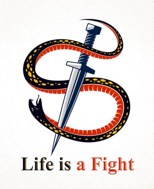 Hançer yılanı öldürür, yılanı mağlup eder. Kılıç vektör dövmesinin etrafına sarar. Hayat bir dövüş konseptidir, hayat güllerden, alegorik logodan ya da antik sembollerin ambleminden ibaret değildir..