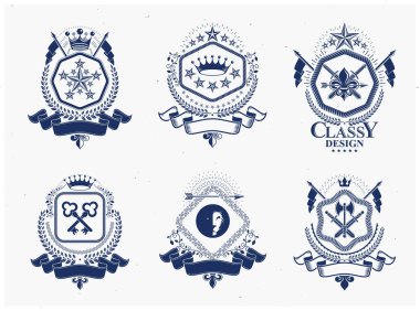 Retro vintage Insignia 'lar. Vektör tasarım elemanları. Arms koleksiyonu, vektör seti.