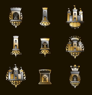 Vintage şatolar vektör logoları veya amblemler, Heraldik tasarım elementleri büyük set, klasik habercilik mimari sembolleri, antik kaleler ve kaleler.