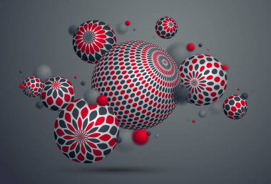 Soyut küreler vektör arkaplanı, desenlerle süslenmiş uçan topların bileşimi, süslemeli 3D karışık gerçekçi küreler, gerçekçi alan etkisi derinliği.