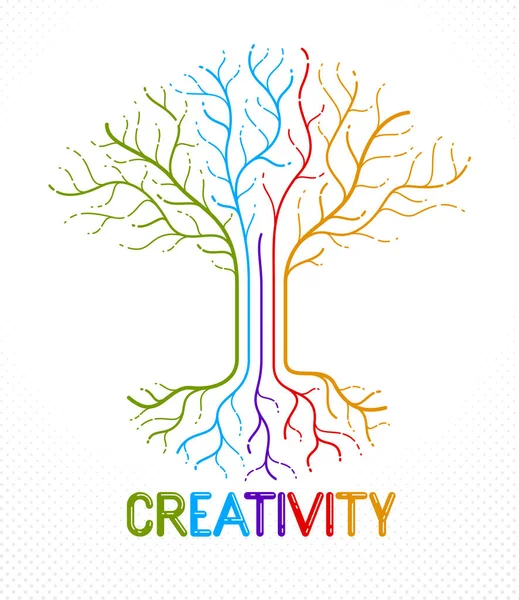Kreativitet Koncept Visas Med Färgglada Träd Vektor Linjär Stil Ikon — Stock vektor