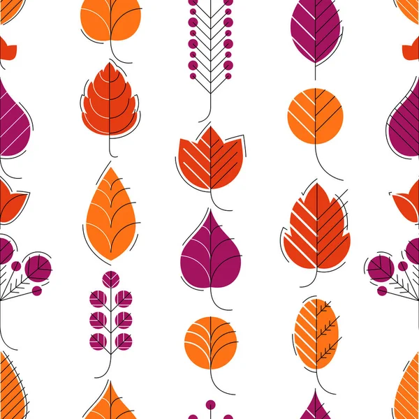 别致的卡通画秋天树叶无缝的矢量图案 无尽的墙纸或带有树花香的纺织品石板 红色秋天的生命主题 — 图库矢量图片