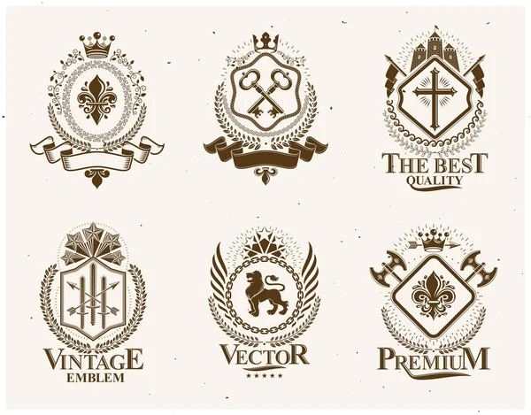 Vintage Vektor Designelement Retro Stil Etiketter Heraldry Vapensamling Vektoruppsättning — Stock vektor