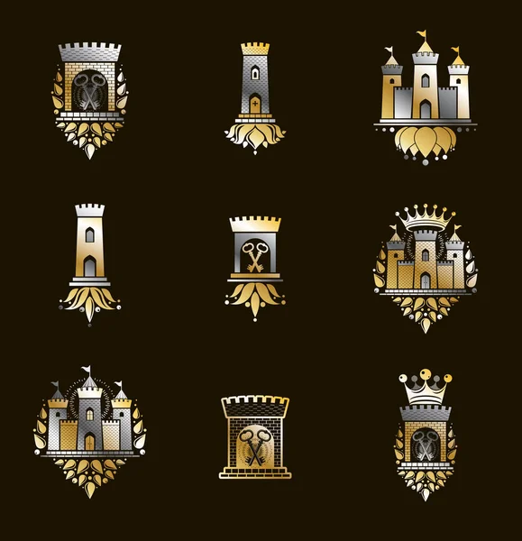 古城堡矢量标志或标志 纹章设计元素大集合 古典风格的纹章建筑符号 古堡和堡垒 — 图库矢量图片