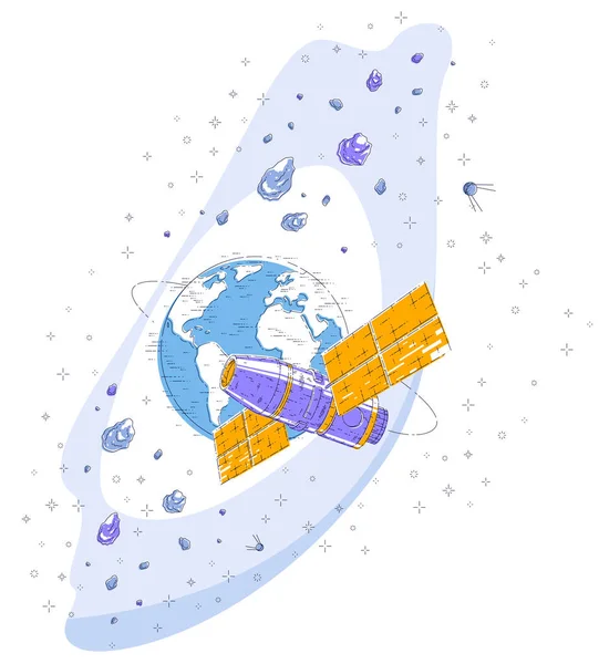 宇宙飛行 宇宙船の周りを周回する宇宙ステーションは 太陽電池パネル 人工衛星 小惑星の雨や星の下にあります 細い線3Dベクトル図 — ストックベクタ