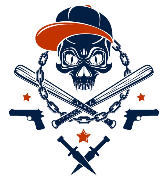 Gengszter Embléma Logó Vagy Tetoválás Agresszív Koponya Baseball Denevérek Egyéb — Stock Vector