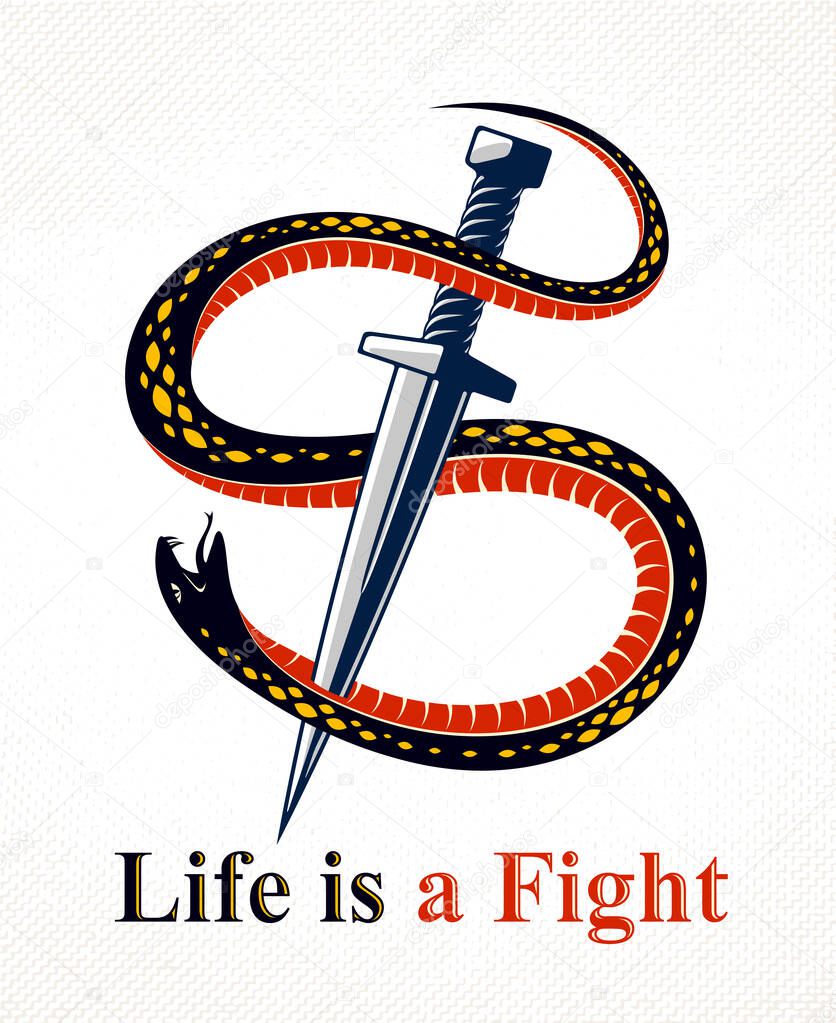 Dagger kills a Snake, defeated Serpent wraps around a sword vector vintage tattoo, Life is a Fight concept, life is no bed of roses, allegorical logo or emblem of ancient symbol.