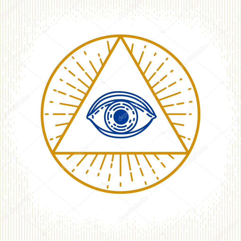 All seeing eye of god in sacred geometry triangle, masonry and illuminati symbol, vector logo or emblem design element.