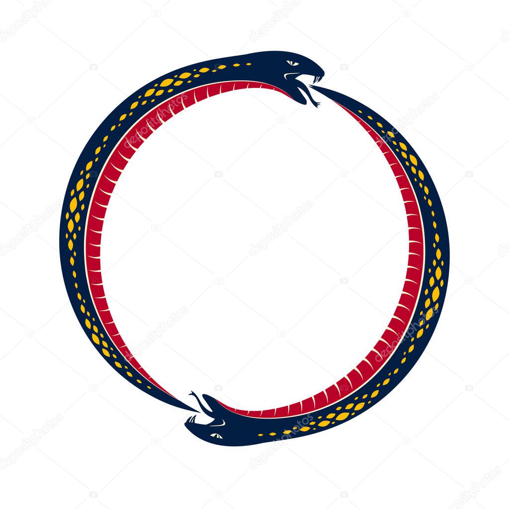Ouroboros Snake in a shape of circle, endless cycle of life and death, ancient Uroboros symbol vector illustration, Serpent eating its own tale, logo, emblem or tattoo.