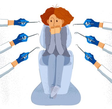 Diş hekiminden ve acı verici diş düzeltme illüstrasyonundan korkan, dişçi eli eldivenli, panik ataktan korkan bir kız..