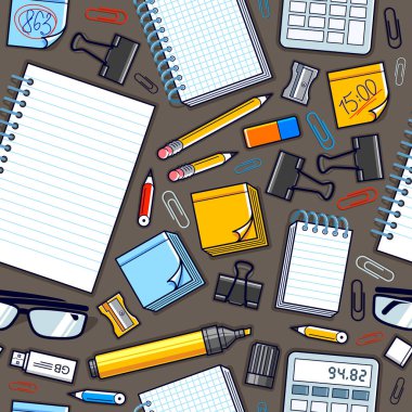 Çalışma masası üst görünümü bir çok farklı kırtasiye elemanı ile dikişsiz vektör duvar kağıdı, iş temalı resim çeşitlilik nesneleri resimleriyle.