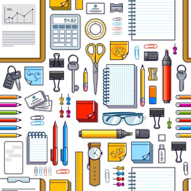 Çalışma masası üst görünümü bir çok farklı kırtasiye elemanı ile dikişsiz vektör duvar kağıdı, iş temalı resim çeşitlilik nesneleri resimleriyle.