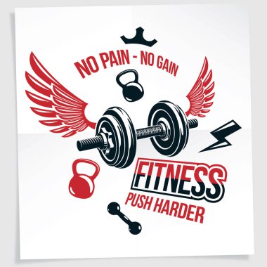 Gym vector advertising leaflet composed using disc weight dumb-bell and kettle bell sport equipment.  No pain no gain writing.