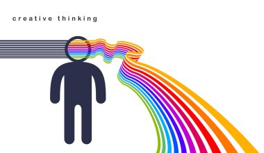 Creative mind brain vector concept in flat trendy design style, colorful rainbow stripes goes out of man head symbolizes creative ideas and thinking, artist designer or writer author. clipart
