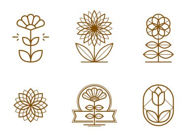 Geometrik stil vektör logoları veya amblemler seti, kutsal geometri sembolleri çizgi amblem koleksiyonu, çiçek açan çiçek oteli veya butik veya mücevher lobileri.