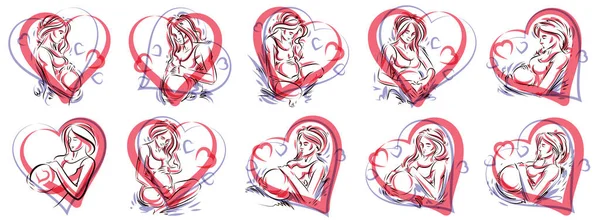 Femme Enceinte Vecteur Illustrations Dessinées Main Ensemble Isolé Sur Fond — Image vectorielle