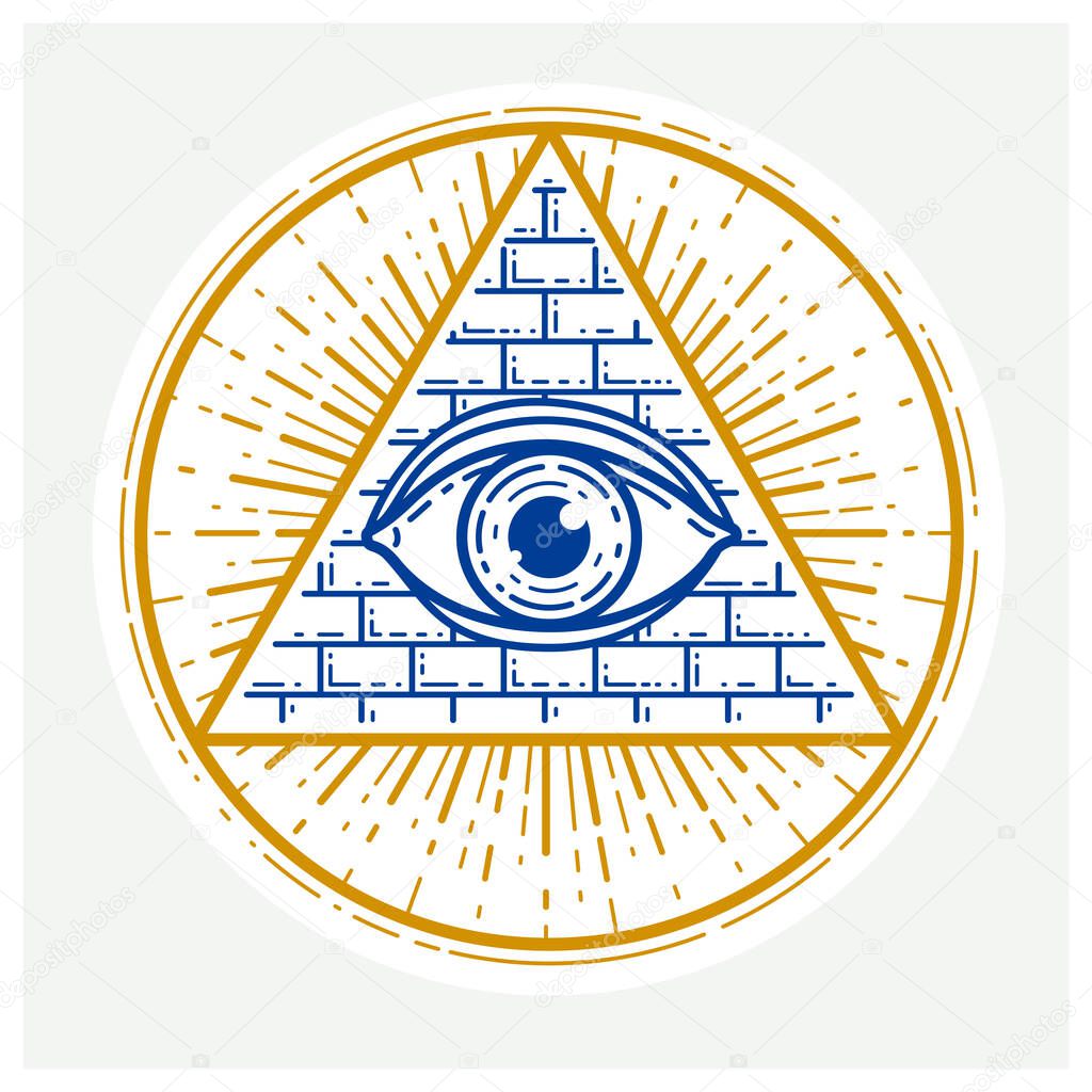 All seeing eye of god in sacred geometry triangle, masonry and illuminati symbol, vector logo or emblem design element.