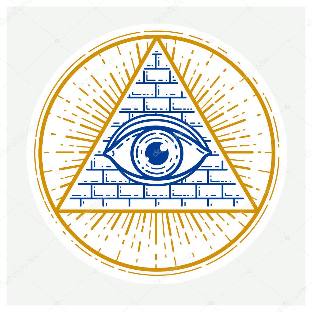 All seeing eye of god in sacred geometry triangle, masonry and illuminati symbol, vector logo or emblem design element.