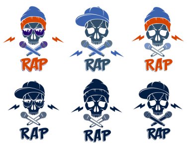 Rap müzik vektörü logoları ya da agresif kafatası amblemleri ve kemik gibi çaprazlanmış iki mikrofon, Hip Hop kafiyeli festival konseri ya da gece kulübü parti etiketleri, tişört baskıları..
