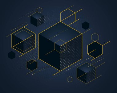 Soyut vektör tasarımı, altın elementler vektör arka planına sahip siyah 3D küplerden oluşan küme, modern mücevher reklamı için kraliyet elit lüks geometrik çizimi kullanılabilir..