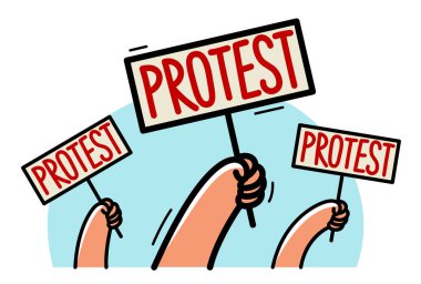 Beyaz, sosyal öfke ve siyasi devrim kavramında izole edilmiş düz bir protesto vektörü çizimi gösteren pankartlarla el kaldırıldı.