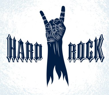 Rock el işareti, Hot Music Rock and Roll jesti, Hard Rock festivali konseri veya kulübü, vektör etiketi amblemi veya logosu, müzik aletleri dükkanı veya kayıt stüdyosu.