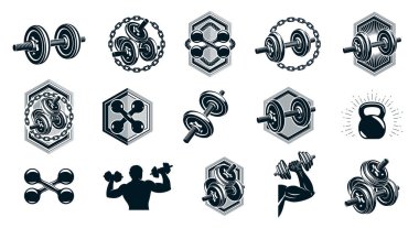 Spor spor amblemleri ve logo vektörleri halterlerle izole edilmiş halterler, dambıllar ve kas yığını siluetler ve eller, atletizm spor kulübü, aktif yaşam tarzı..