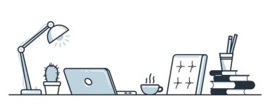 Eðitim veya entellektüel çalýþma masasý, kitaplarýn vektör düz illüstrasyon, çalýþma veya çalýþma, serbest çalýþma alanı, rahat işyeri.