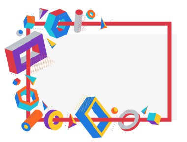 Parlak renkli ve pozitif 3B tasarım elemanları vektör çerçevesi beyaz arkaplan, kutular ve silindirler ve diğer şekiller üzerinde izole edilmiş basit moda sınır.